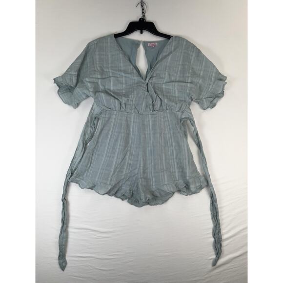 Pink Lily Pants - Pink Lily Romper Womens Medium Green Striped Gauze Short Sleeve Tie Waist Ruffle